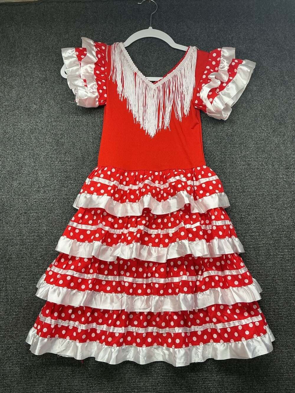 Girls Red and White Polka Dot Spanish Flamenco Dance Dress Costume with Fringe